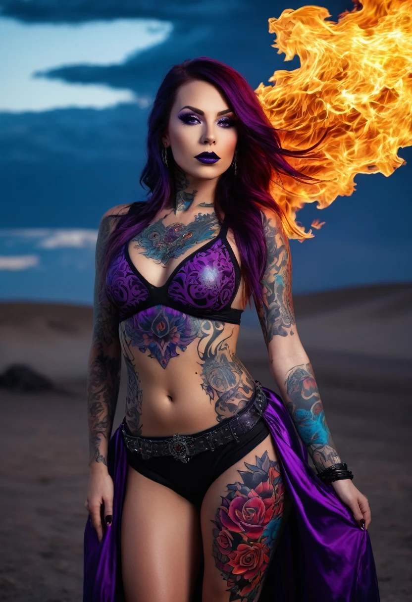 a beautiful American woman in fire dress, in the style of dark black and purple, tattoo, uhd image, body extensions, dark crimson and sky-blue