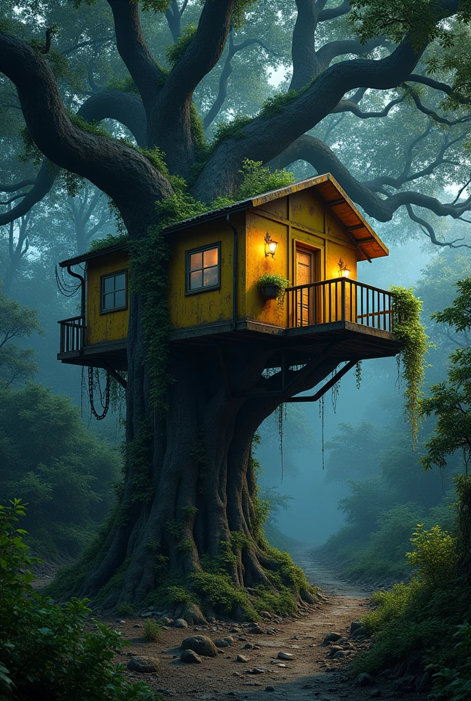 Cabane dans les arbres en métal rouillé jaunes, cabane en forme atypique, cabane reposant sur un chêne au tronc massif et au branche immense avec beaucoup de feuillage, des plantes grimpantes sur les murs extérieurs de la maison, décors post-apocalyptique dans la nuit profonde dans un coins perdu d'une forêts, luminosité suffisante pour bien voir la cabane, atmosphère stressantes, chênes dominant tout la forêts qui a un relief atypique, vue de la cabane du dessus d'une façon permettant de surplomber toute la forêt