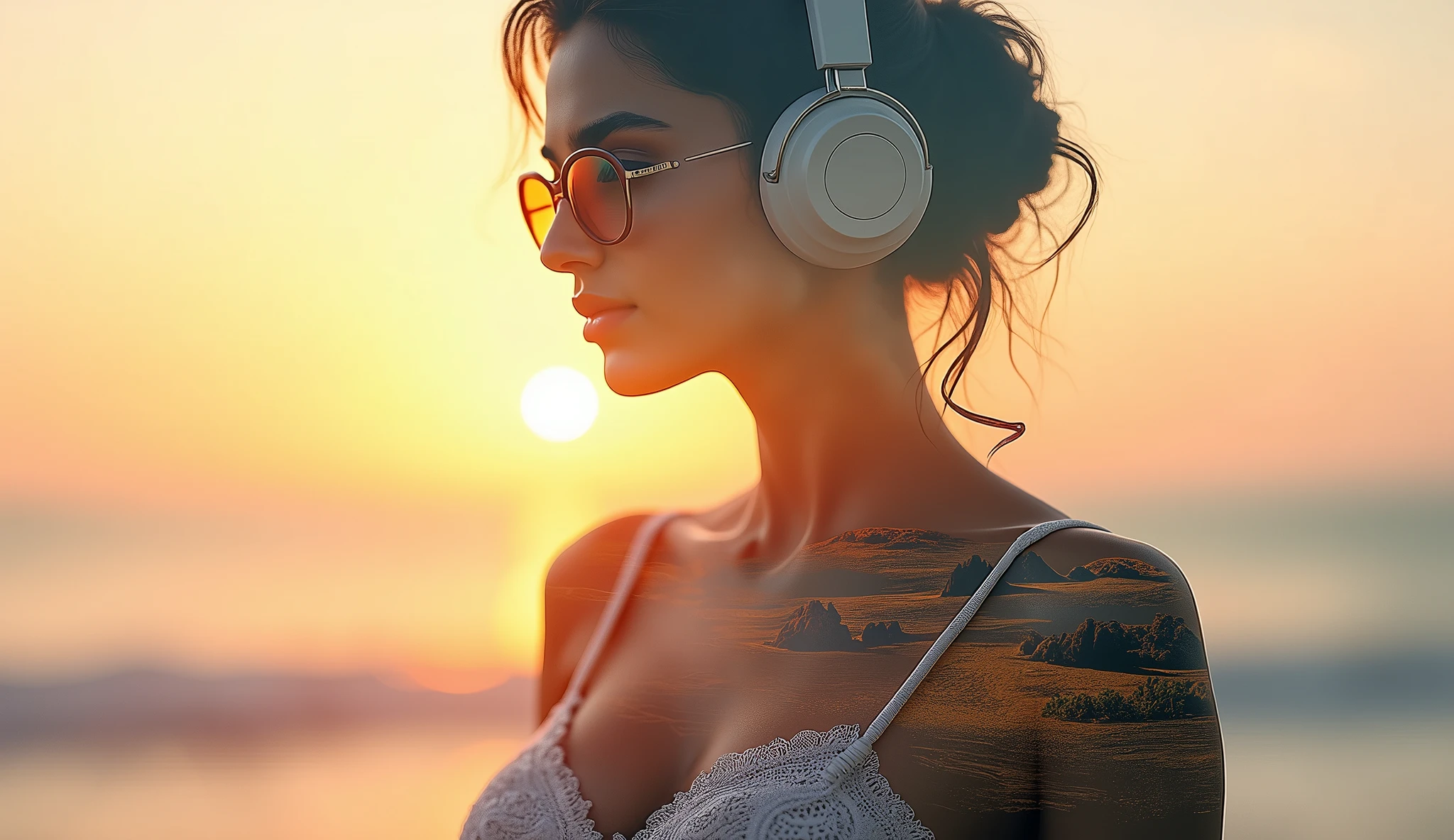 high quality, 8K Ultra HD, A beautiful double exposure that combines an goddess silhouette ,Sonam Kapoor look a like, she has huge breasts and wears a headphone. with sunset coast, sunset coast should serve as the underlying backdrop, with its details incorporated into the goddess , crisp lines, The background is monochrome, sharp focus, double exposure, by yukisakura, awesome full color,