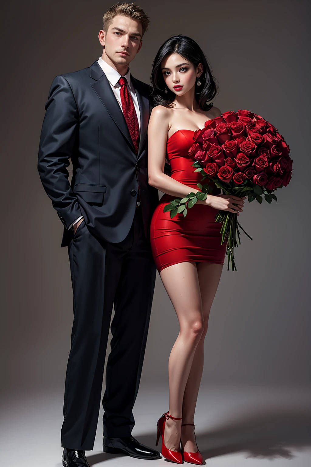 there is a man and woman posing for a picture with a bouquet of roses, lovely couple, romantic couple, wearing red formal attire, man and woman in love, wearing a red dress, wearing red dress, wearing red attire, couple pose, wearing red clothes, man and woman, couples portrait, by Alexander Kucharsky, red roses, by Randy Post
