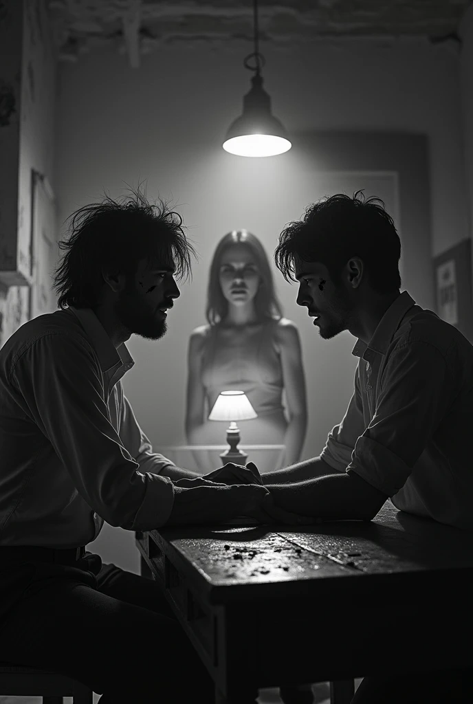 A b&w image of two men, sitting facing each other in a dimly lit dilapidated writing room. The one answering the questions in 2, with messy long hair and dark eyes and looks horrified of something. He has cuts on his face. The one asking him is 1 with short hair. There is no light in the room except a lamp and a Ghost of a young woman is behind the scared man listening and looking worried but still blurry