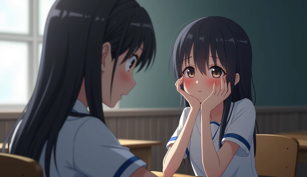 Anime-style scene of a female student who has just woken up, sitting next to me at the same desk. She looks at me tiredly., Pained eyes, Look up a little, Then place your face in your palm, Supported by the hand on her cheek, To support a sore head. The character smiles slightly, Looking at her sitting next to me、She is weak々Smile