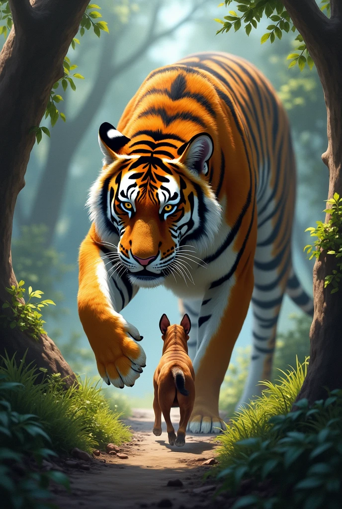 Dog run into the tiger