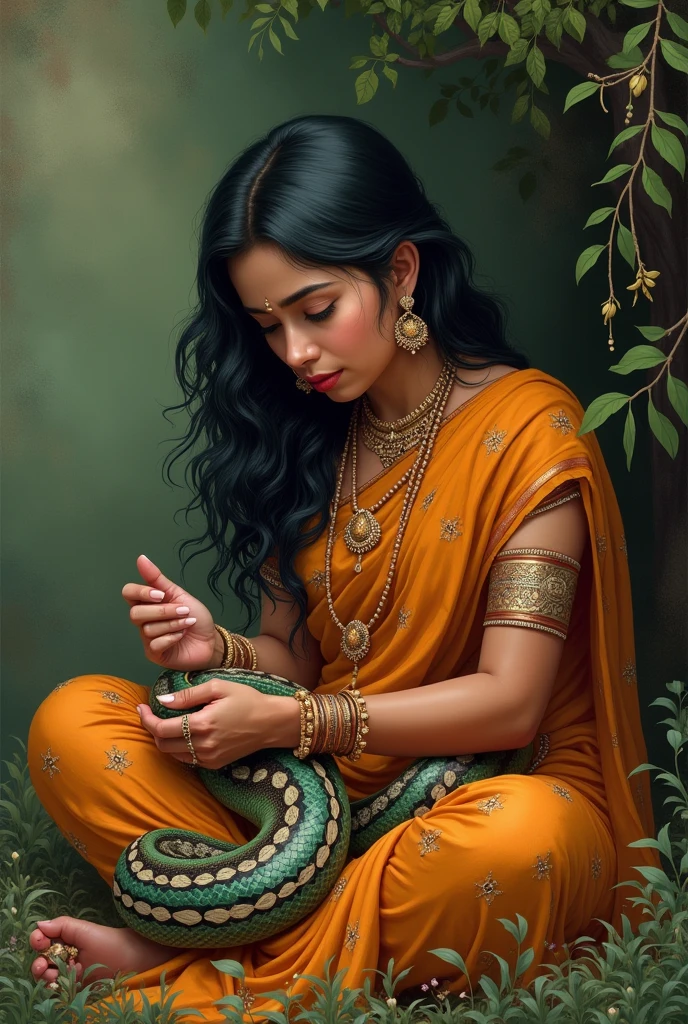 The woman gently removing the thorn from the snake's back and cleaning the wound with a cloth. Indian