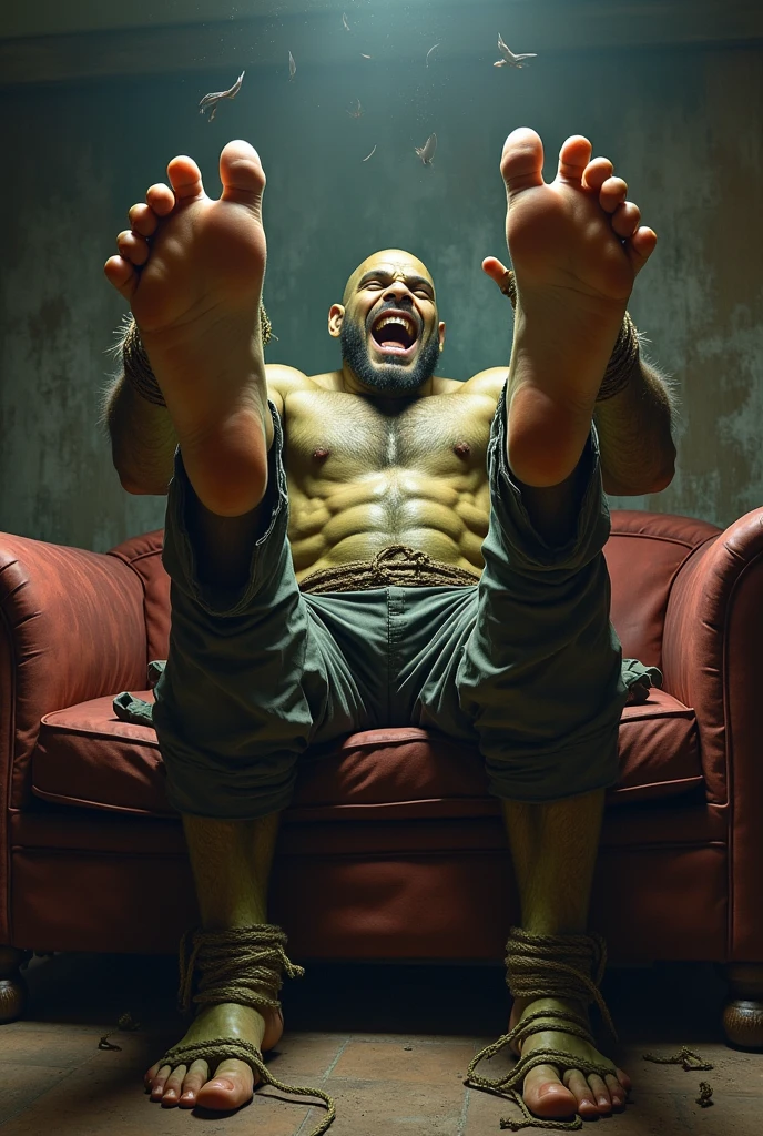 A handsome，Orc with abs tied to the sofa，Shoes taken off，Revealing two big bare feet，Both feet are locked in the foot，Feet raised，Soles facing forward，Five toes tied with rope in foot，His hands were tied tightly to one end of the sofa.，His upper body was stripped，Wearing only a pair of trousers，Being tickled by a man in a cap，His armpits were constantly tickled by feathers.，The soles of his feet were being scratched by two brushes.，The toes are also tickled by the feathers growing from the toes.。The abdomen is scratched with a brush，And he laughed，Struggling hysterically，Swinging his two feet，I want to escape from this nightmare.，But can only endure the punishment of being tickled。*（Have an expression of laughing like being tickled，Keep your feet elevated，The soles of your feet should face the screen）
