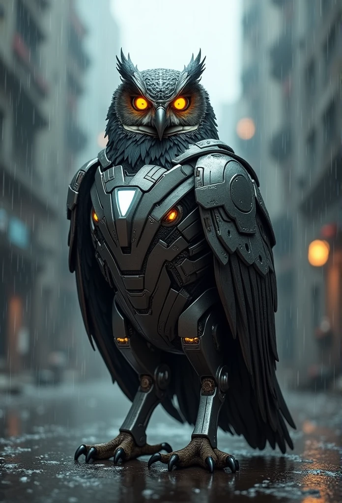 Marvel's Iron Man as an owl standing outside City 17, rainy, RTX, octane, unreal