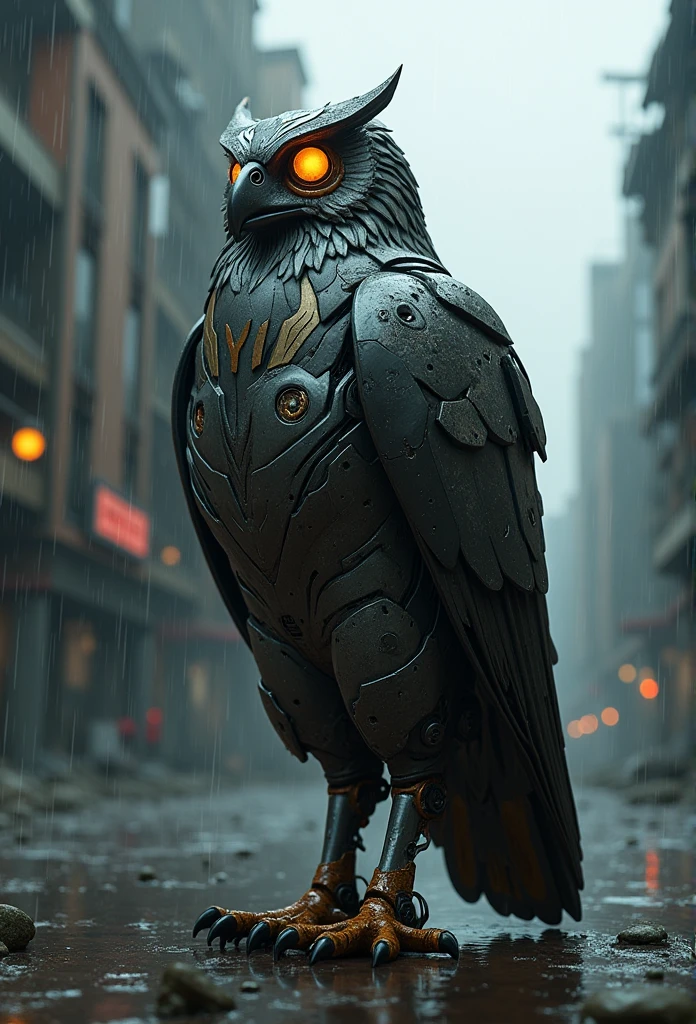 Marvel's Iron Man as an owl standing outside City 17, rainy, RTX, octane, unreal