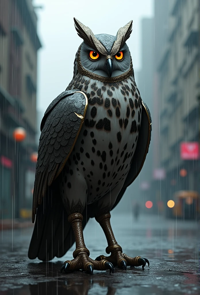 Marvel&#39;s Iron Man as an owl standing outside City 17, rainy, RTX, octane, unreal