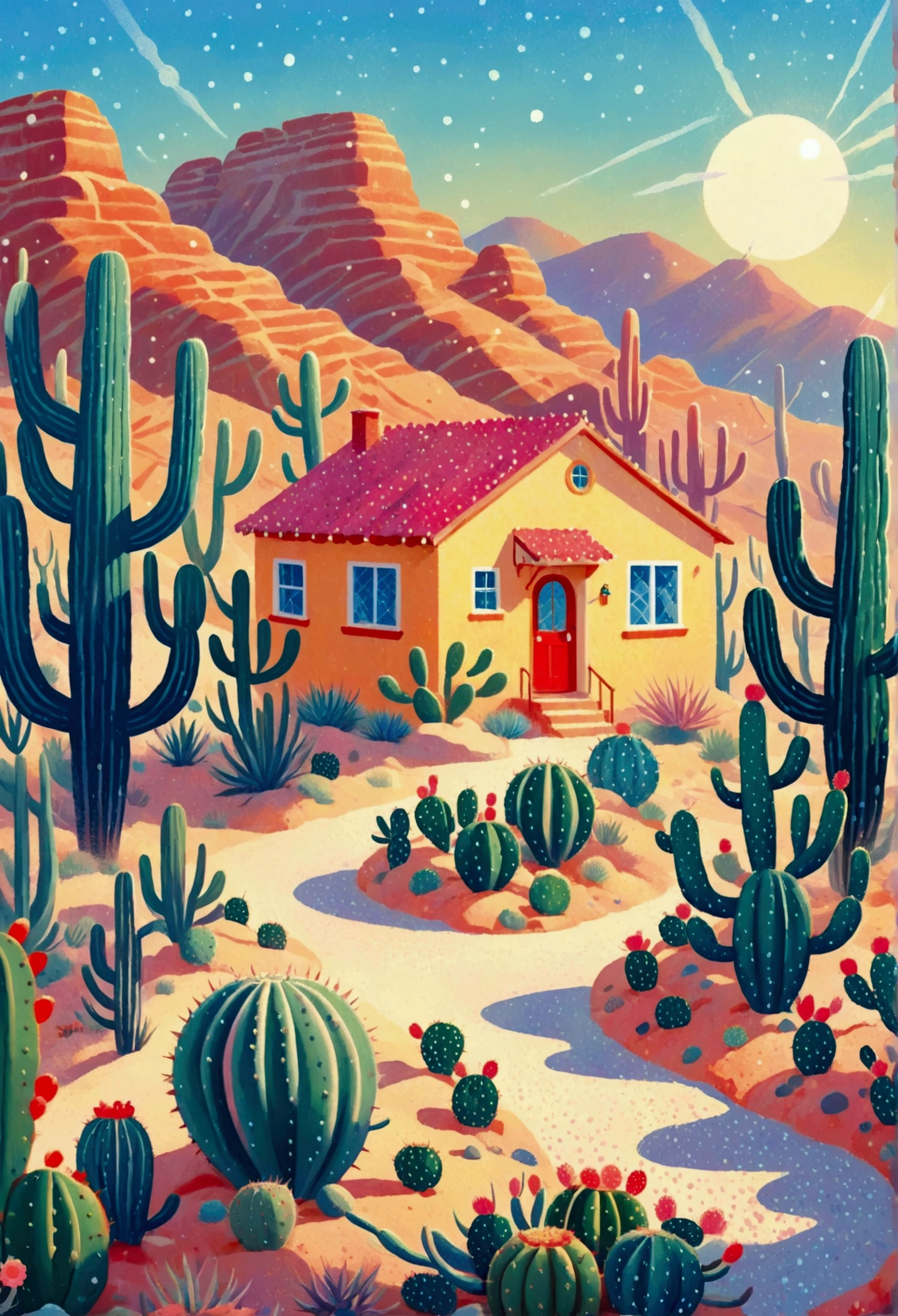 House painting with cacti and houses in the desert, a Pointillism painting by Miwa Komatsu, tumblr, Pointillism, Jane Newland, sunlight and whimsical houses, painting illustration, dreamy illustration, blurred and dreamy illustration, stylized digital illustration, illustration!, blurry and dreamy illustration, colorful illustration, mottled cactus, illustration painting