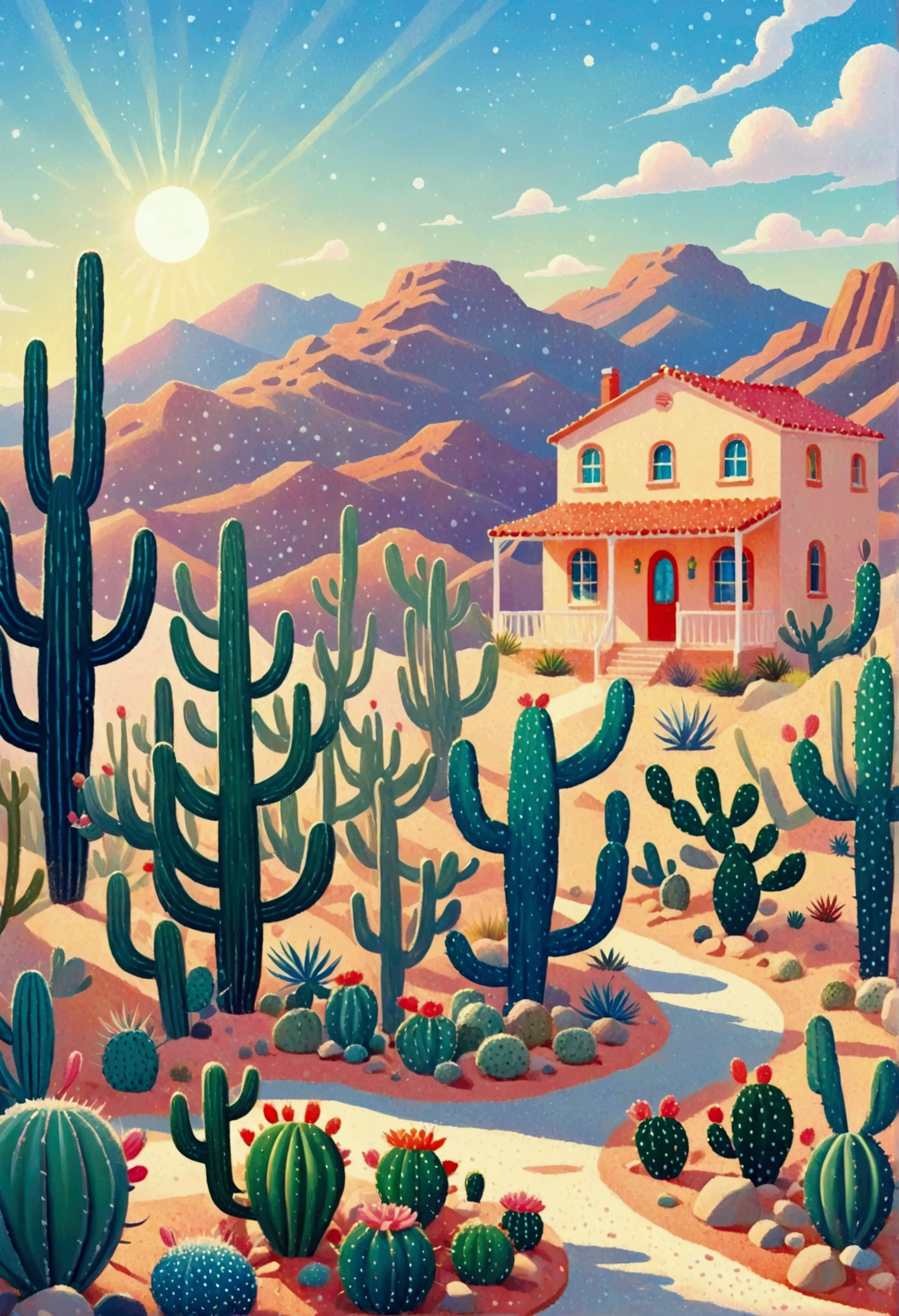 House painting with cacti and houses in the desert, a Pointillism painting by Miwa Komatsu, tumblr, Pointillism, Jane Newland, sunlight and whimsical houses, painting illustration, dreamy illustration, blurred and dreamy illustration, stylized digital illustration, illustration!, blurry and dreamy illustration, colorful illustration, mottled cactus, illustration painting