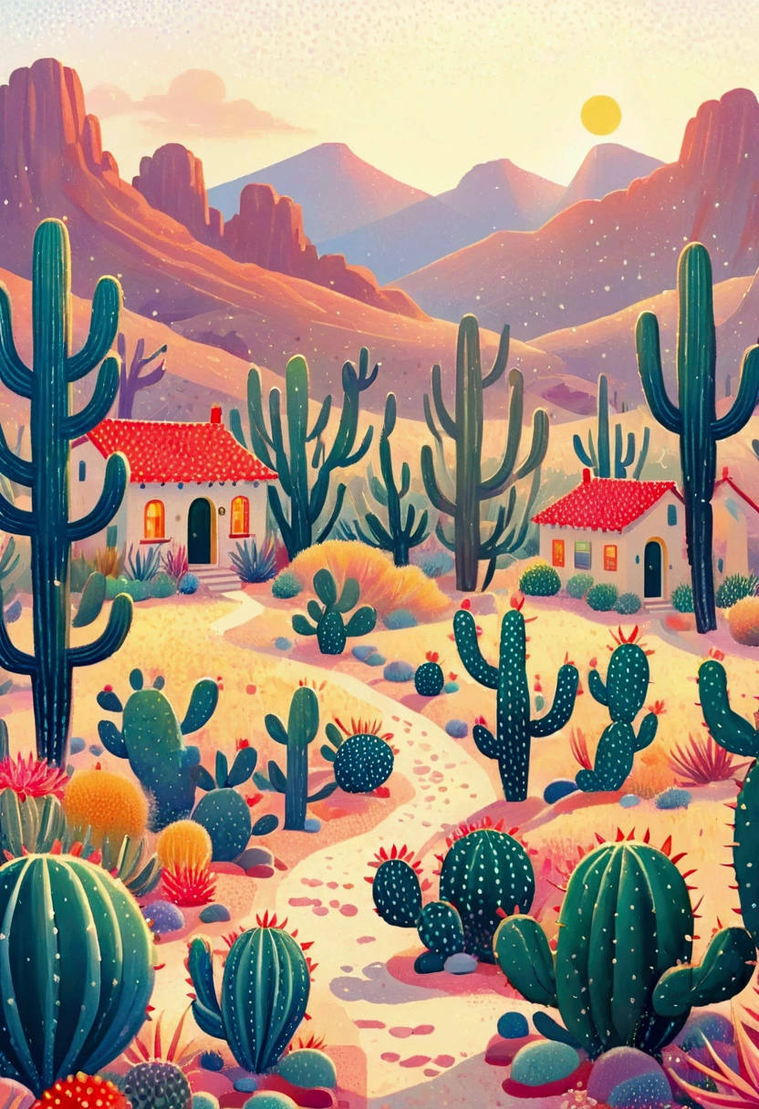 House painting with cacti and houses in the desert, a Pointillism painting by Miwa Komatsu, tumblr, Pointillism, Jane Newland, sunlight and whimsical houses, painting illustration, dreamy illustration, blurred and dreamy illustration, stylized digital illustration, illustration!, blurry and dreamy illustration, colorful illustration, mottled cactus, illustration painting