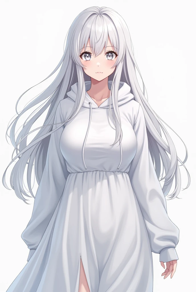 A adult girl in whit e hoodie in white frock white hair with white eyes with big boops in anime