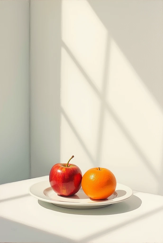 oil pant sket picture apple and orange on the dish. they are in the clean room.
