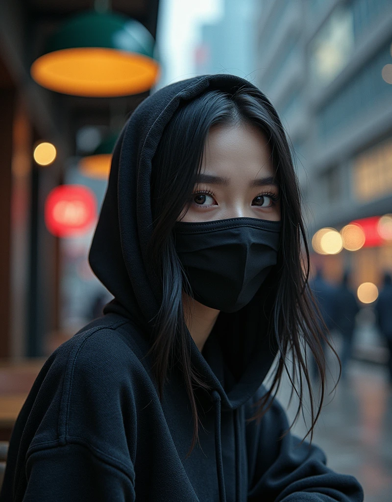 A 2 woman from Hong Kong with striking, beautiful eyes and sleek black hair, partially concealed under a black hoodie. She sits quietly in a Starbucks, her face partially hidden by a black mask, adding to her mysterious allure. It’s night, and the darkness outside contrasts with the warm glow inside. She blends into the shadows, focused on her work in the quiet corner of the café, her captivating eyes the only glimpse of the enigmatic figure beneath the hood.

