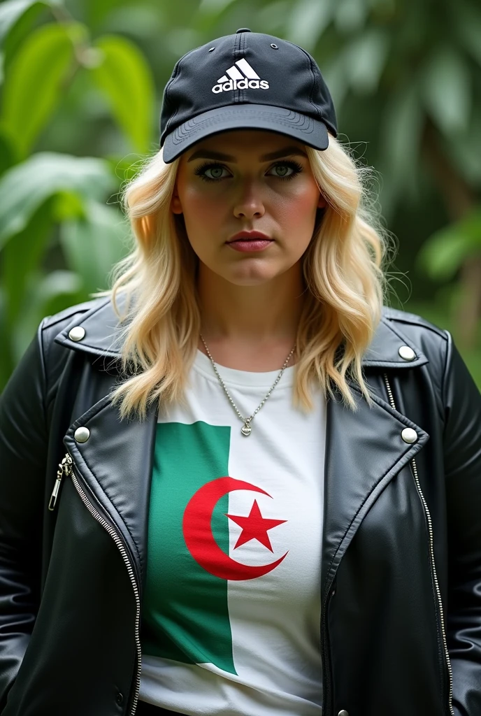 Close-up photo, blonde woman, fat. She wears a black leather coat, an Adidas hat, a T-shirt with the Algerian flag detailed and detailed in green and white, and a green nature background. 