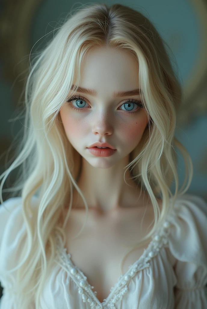 Girl with soft feature and blonde hair and blue eyes who look like unreal like a bjd doll but thin lips but still builded as normal human like elle fanning. As if cosplaying athanasia de alger obelia
