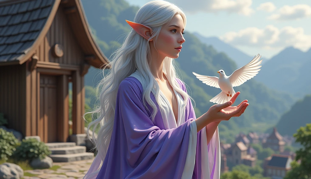 Full-body portrait. A beautiful silver-haired elven woman, wearing purple and white clothes, stands while flying a dove. The background is a simple house made full of shiny brown wood in an elven village. The background of the house is a beautiful elven village. This scene is a very detailed and professional 3D digital art. Game art. masterpiece.