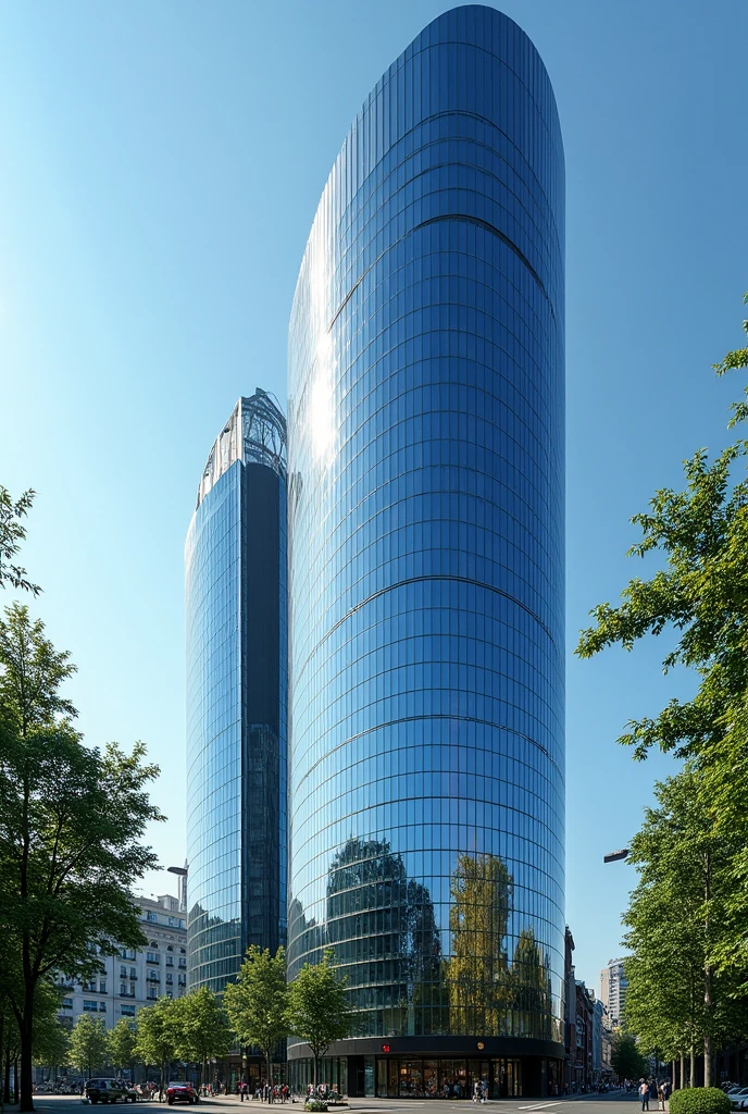 A hyper-realistic professional best photo of a shiny, colorful building with a curved facade in the famous city of Germany. The building is covered in reflective glass panels that reflect the bright blue sky and the lush shiny green trees. The building has a modern design with a series of arches and curves. The background reveals more buildings and trees. The photo is taken from a low angle, emphasizing the height and grandeur of the building.