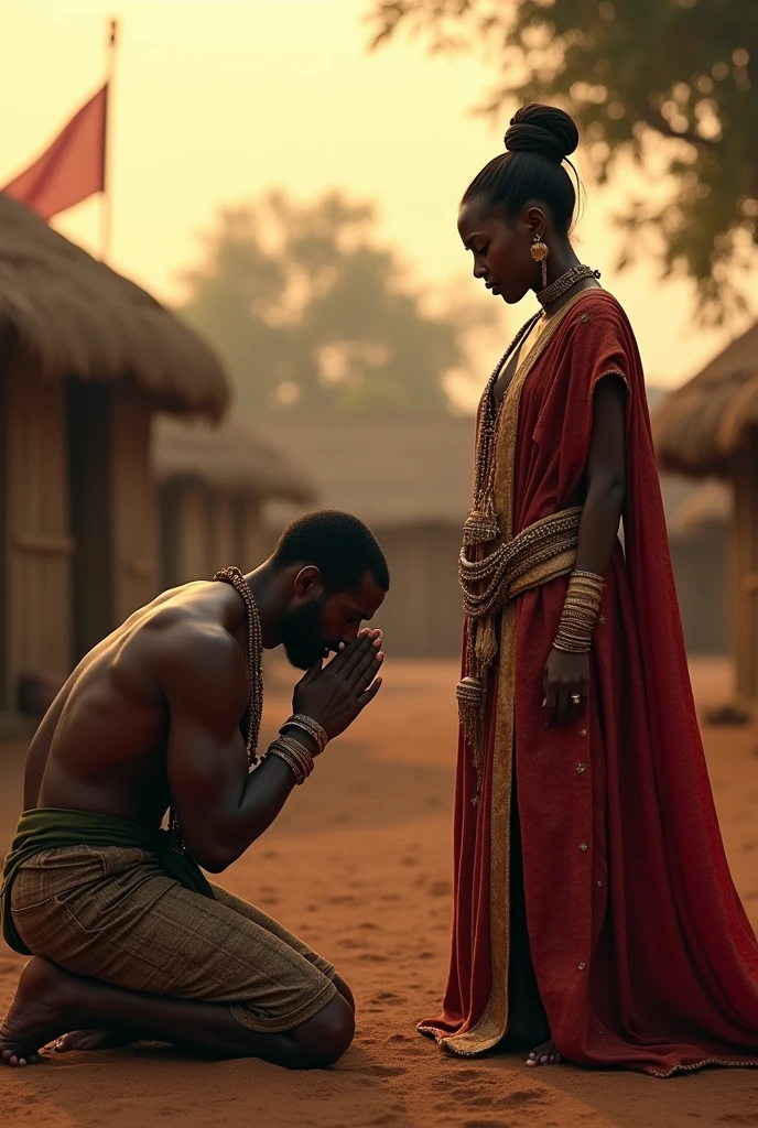 Ethiopian black guy bowing to an ethiopian queen at dusk time in an ethiopian village covered with ethiopian flag