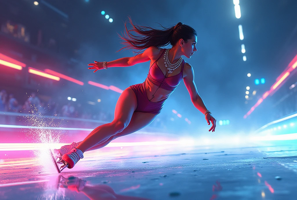 A figure skater in futuristic style speed line effect in neon colors Solo, 1 girl, Sparkle effect, Speed lines, film grain, reflection light, from bottom, High resolution, Exactly, Multiple awards, anatomically correct, Illustration, Action picture, 