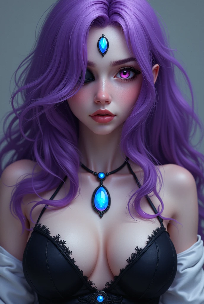 A beautiful girl with violet hair and magenta eyes and a black cornea on her left eye. Beautiful. Her breasts are big. Her clothes are black and her sleeves are white. She wears a bright blue gem necklace. Her hair covers her left eye. Has a bright blue gem on her forehead. Beautiful. There is only one gem on her necklace. Her hair covers part of her left eye.