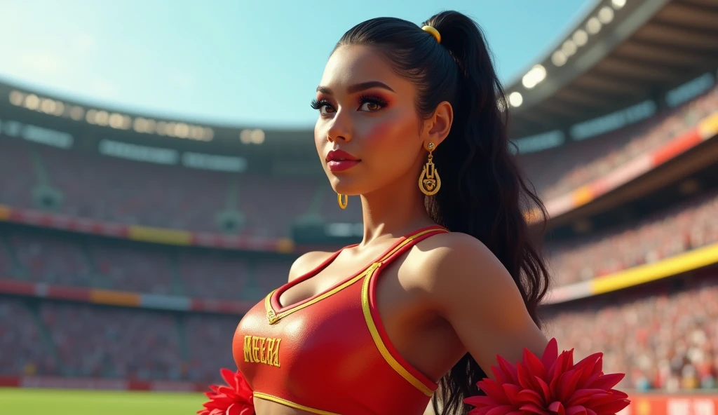 beautiful, plump, mexican woman, standing in a footbal stadium, detailed eyes, beautiful detailed lips, extremely detailed eyes and face, longeyelashes, full body, 1woman, professional, neat long hair, tight ponytail, wearing purple cheerleader outfit, adventurous, cheering to a full packed football crowd, (best quality,4k,8k,highres,masterpiece:1.2),ultra-detailed,(realistic,photorealistic,photo-realistic:1.37),studio lighting,vivid colors,sharp focus,physically-based rendering,extreme detail description