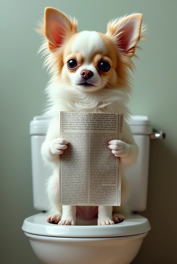 A picture of a long-haired chihuahua with erect ears. The dog is white but the right half of the face is cut off exactly in the middle and is light brown. The dog is sitting on a toilet and has a newspaper in his paws. The perspective is slightly sideways