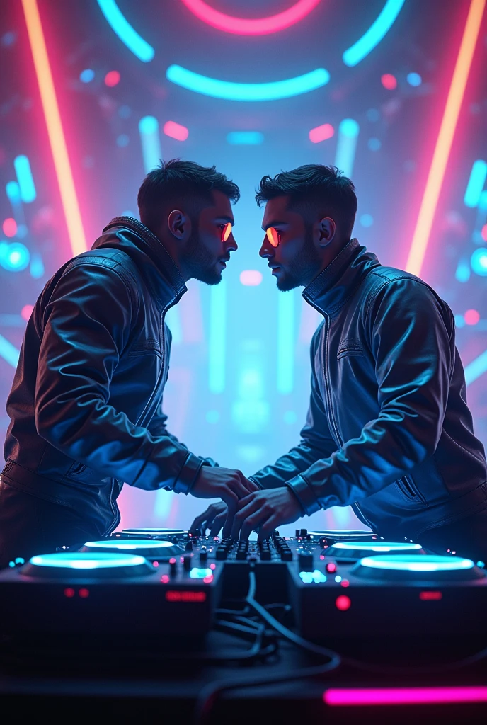 Two futuristic male DJ friends sitting at a concert facing each other full body
