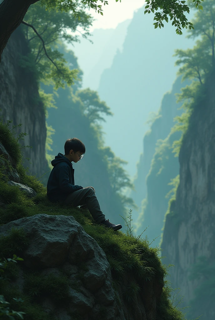 A boy of 1 Glass on his two eye and he fill sad sitting on the mountain in deep forest