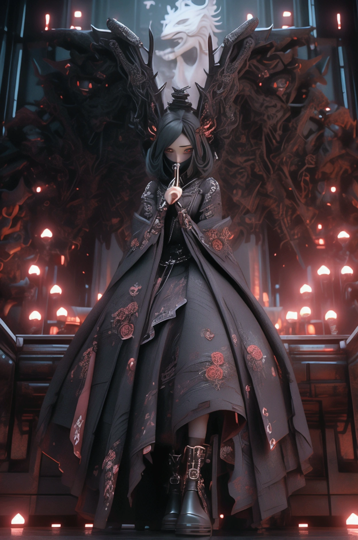 dauntindaun female、From below,front,Full Shot,Grindaunting pose,look up,eye shadow,,boots,Game character costumes,novel,Gothicta,dress,boots,image color: Black and Red、lanthanum, cherry blossoms, petals in the wind, Calm, mysterious, high quality, Dark look,Detailed eye design,3D Rendering,
ting intervention pause