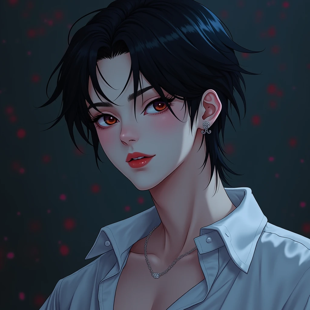 BTS Jeon jungkook as vampire dark aesthetic with piercings on his ear lips wearing white loose shirt in anime version and sexyness closeup shot