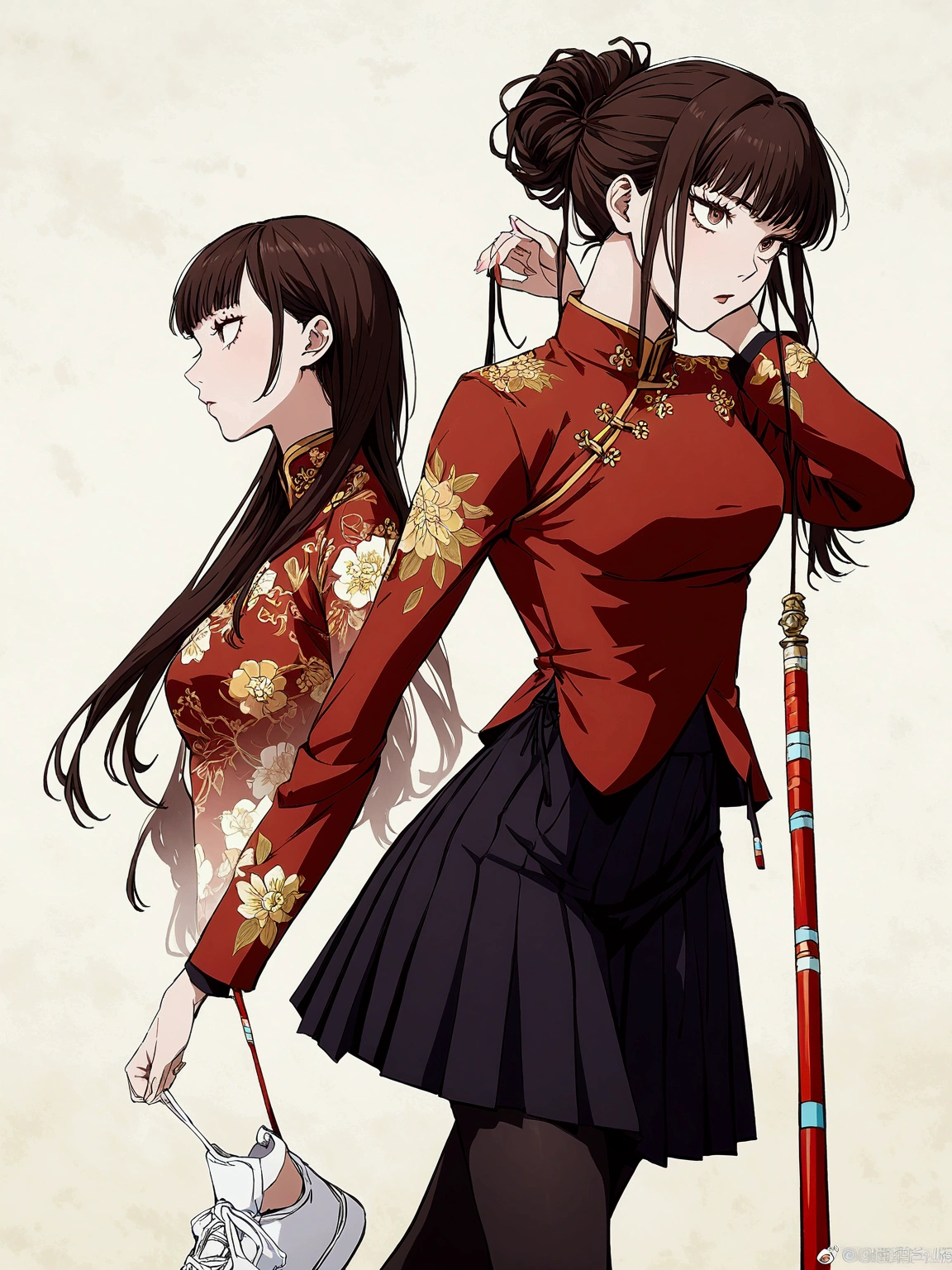 nime girl with dark brown long hair(((her hair is untied and flowing freely))). She wears a traditional Chinese red qipao top with golden floral patterns and black skirt. She holds two red staffs and is wearing black tights with white high-top sneakers.jujutsu kaisen art,jujutsu kaisen character,jujutsu kaisen anime art, 1 girl,solo,