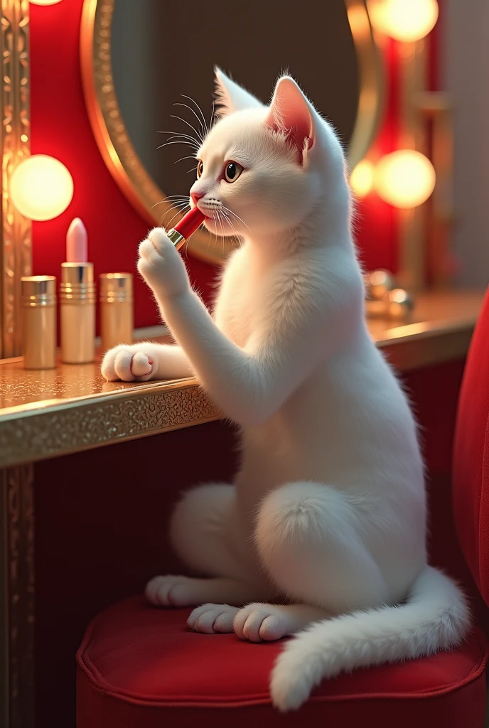 Beautiful White Cat Applying Lipstick:
Description: A young, beautiful white cat in a hot, glamorous one-piece dress. She is applying bright red lipstick with a graceful hand, her elegant high heels visible. The background features a luxurious vanity mirror with soft, ambient lighting highlighting her flawless makeup, including perfectly applied eyeliner.
