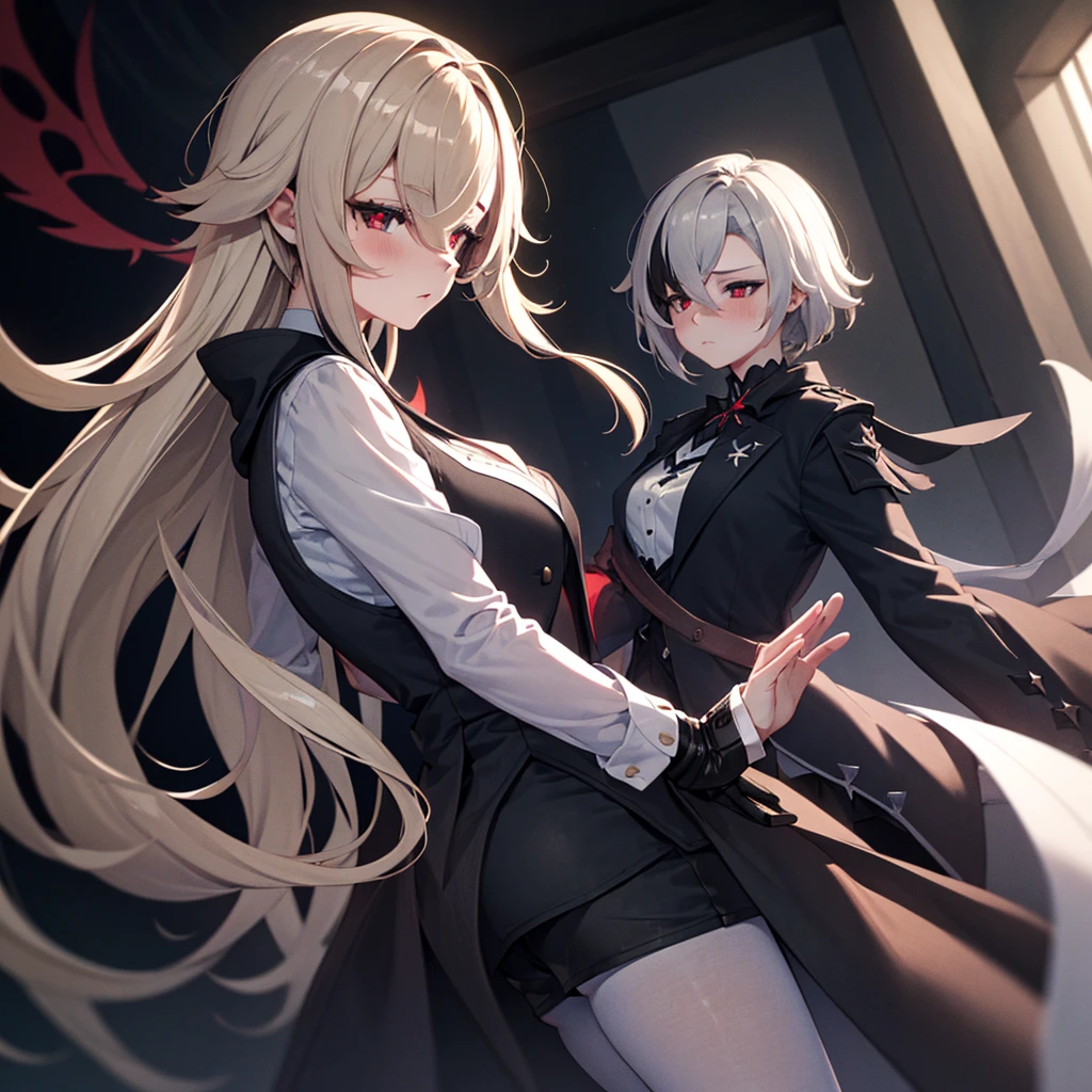 1girl, ashen_blond_hair, long_hair, bangs, red_eyes, two_side_up, hair_over_one_eye, blush, medium_breasts, Black_trench_coat, black_vest, white_shirt, gauntlets, Black_pantyhose, grey_shorts, pale skin,