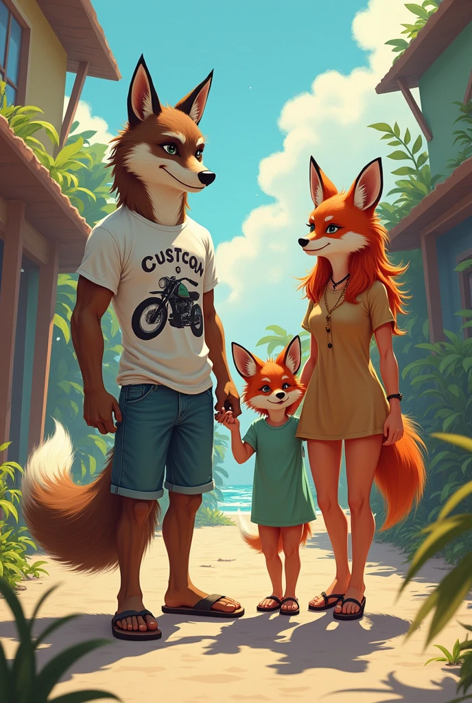 Draw a world where people are anthropomorphic animals, make a family where :

A wolf is the father, He&#39;s wearing a t-shirt with a custom motorcycle print, in shorts and flip-flops Mom is a fox, She is wearing a dress and women&#39;s shoes And two children, one that looks like the mother and one that looks like the father 



