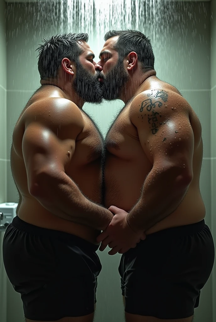 2 rugby players, homemns gordos e parrudos se kissing, kiss, kissing,, dois Men de corpo inteiro pelados de penis eretos, erection, taking a shower under the shower turned on , protruding and hairy belly on display, , Whole bodies, soaping yourself, Men, Men, males, fat virility, real hairy men enjoying themselves in the bath, soap at your feet, bathroom background with shower on, humid, vapour, water, immersive and sensual lighting