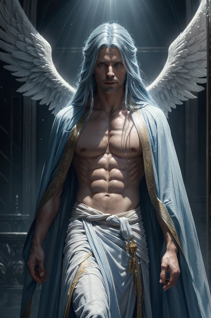 a detailed older male angel, long flowing blue hair, golden eyes, white draping robes, (best quality,8k,highres,masterpiece:1.2),ultra-detailed,(realistic,photorealistic,photo-realistic:1.37),hdr,studio lighting,intricate details,dramatic lighting,cinematic,epic fantasy,dramatic atmosphere,ethereal,glowing,radiant