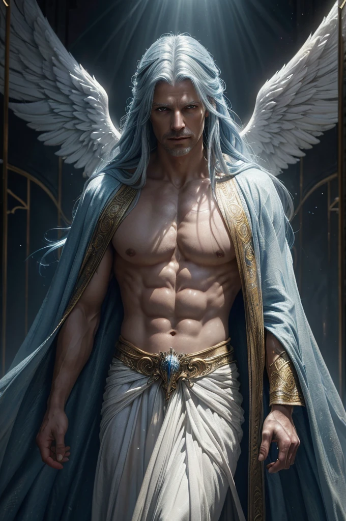 a detailed older male angel, long flowing blue hair, golden eyes, white draping robes, (best quality,8k,highres,masterpiece:1.2),ultra-detailed,(realistic,photorealistic,photo-realistic:1.37),hdr,studio lighting,intricate details,dramatic lighting,cinematic,epic fantasy,dramatic atmosphere,ethereal,glowing,radiant