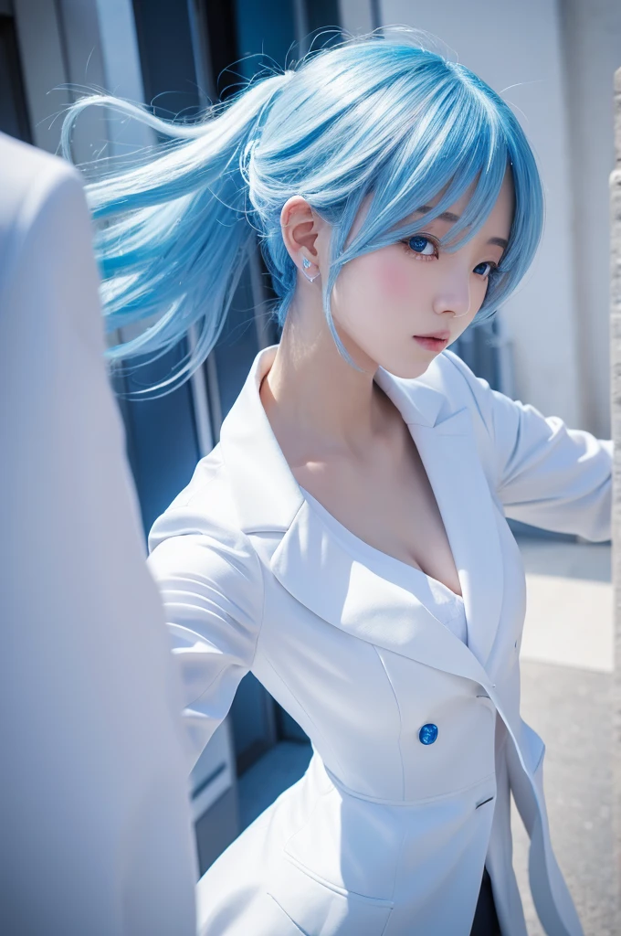 anime、White suit、Light blue hair、Big Ass、Close-up