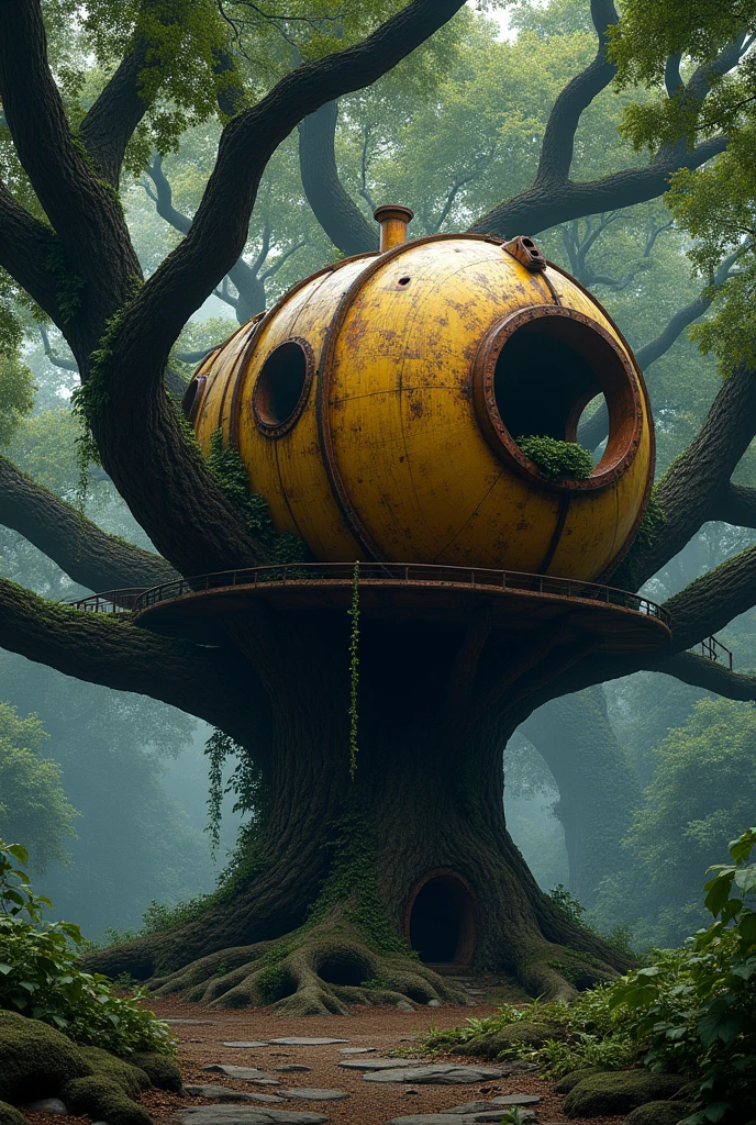 Cabane dans les arbres en métal rouillé jaunes, cabane en forme atypique, cabane reposant sur un chêne au tronc massif et au branche immense avec beaucoup de feuillage, des plantes grimpantes sur les murs extérieurs de la maison, décors post-apocalyptique dans la nuit profonde dans un coins perdu d'une forêts, chênes dominant tout la forêts qui a un relief atypique,