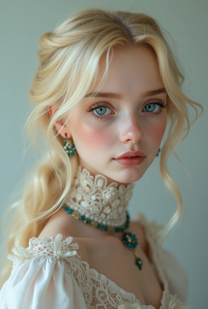 Girl with soft feature and thin lips and blonde hair and blue eyes who look like unreal like a bjd doll but still builded as normal human like elle fanning. As if cosplaying athanasia de alger obelia