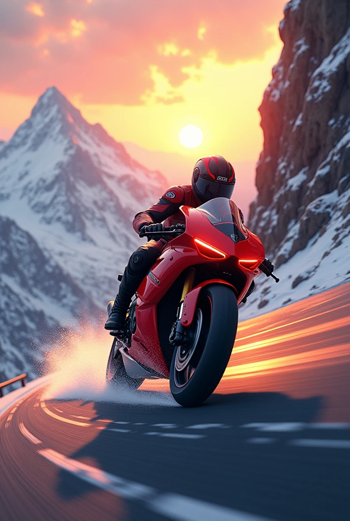 A super bike rider riding a bike in mountain with pleasent sun rise anime in asnow  aboy
