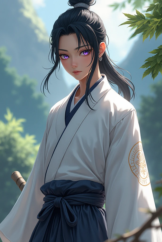 black hair with hair tie, purple eyes, wearing training clothes with white haori, demon slayer style