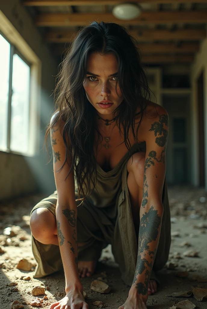 a beautiful 1 feral woman, in a modern house and home, torn clothes, crunching down, detailed face, detailed eyes, detailed lips, detailed nose, detailed skin, hyper-realistic, photorealistic, 8k, high quality, intricate details, natural lighting, warm tones, dramatic shadows, cinematic composition, moody atmosphere, conceptual art