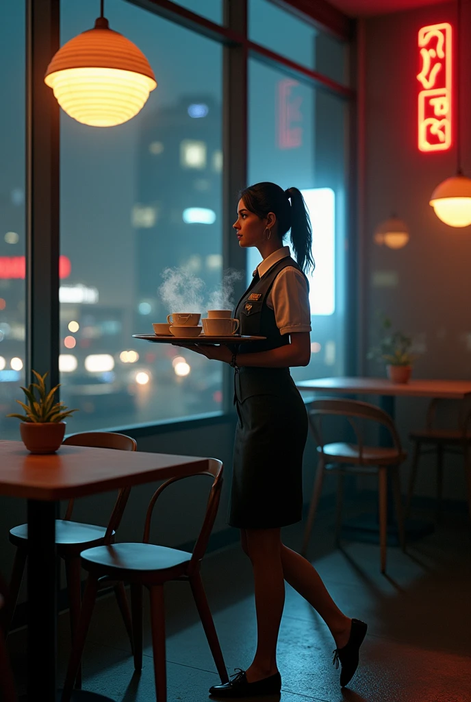 A waitress delivers coffee in a cyberpunk cafe, it night behind window, dark ambient, warm light, photorealism