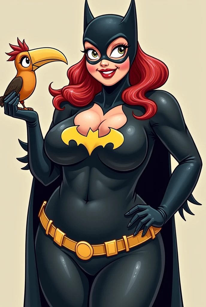 Curvy and busty hot batwoman with a tiny hornbil bird in her hand. Make it cartoony. The hornbill is sitting on her neck and chest and her hand holding it in position.