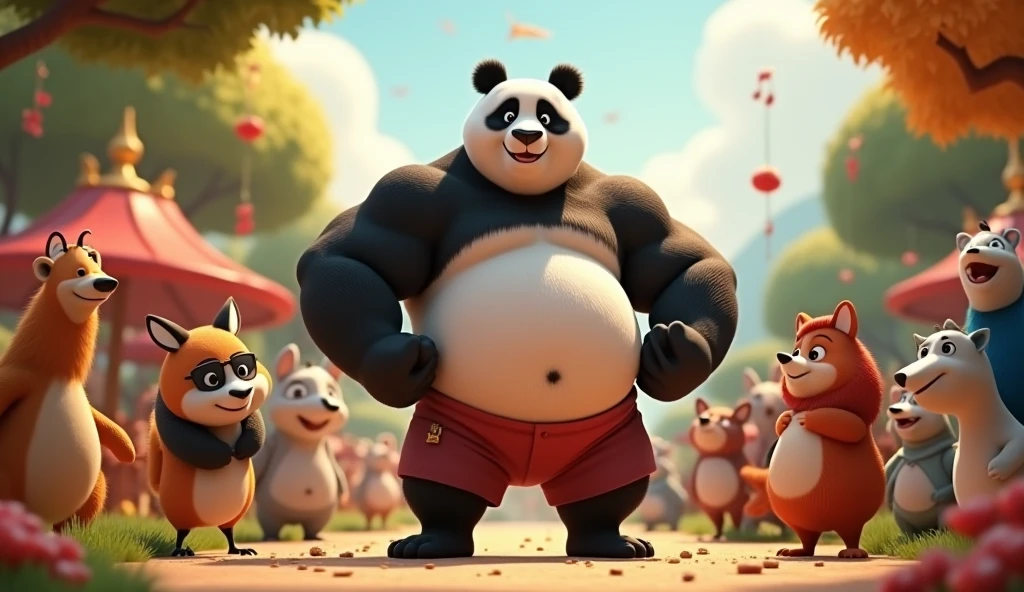 A 3d animated movie short,
Ek panda hai jo bohot mascular aur bodybuilder hai , wo apne atne ache body banane ke Khushi me wo sabko party deta hai jisme uske sare animals dost ate hai