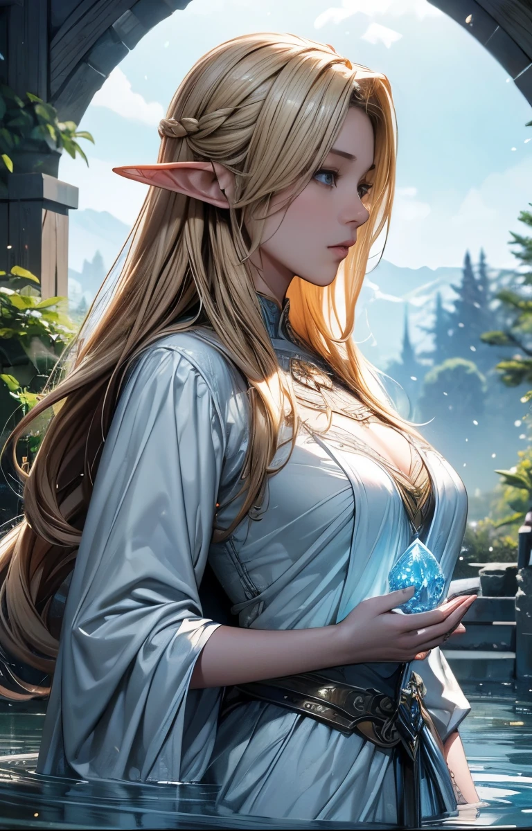 Perfect natural light、8K High Resolution、High resolution、Beautiful woman、masterpiece、Beautiful Mature Woman、Blonde Elf、RPG-style world、Knight Commander、Water Spirit