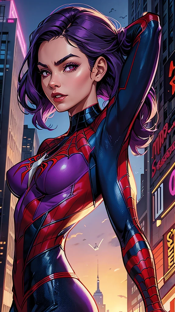 Create Spider-Woman in New York, She wears a purple uniform identical to Spider-Man's and has dark purple hair., her face covered with the purple spider man mask, look like young Sandra Bullock, slender, big breasts, athletics, wears armor on his feet, full body in the image, 8k.