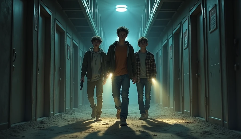 front view of Three male students cautiously walking through a dusty corridor in an old dormitory. They are holding flashlights that cast narrow beams of light from flashlights , illuminating the thick dust in the air and the eerie, abandoned surroundings, one student is ager with short, tousled hair, wearing a hoodie and jeans, Holds a flashlight, showing a tense, anxious expression, second student is teen with medium-length hair, dressed in cargo pants and a t-shirt, Carries a flashlight, displaying a brave yet nervous demeanor, third student is teenagerh slightly longer hair, in jeans and a flannel shirt, Holds a flashlight with a skeptical and cautious look.